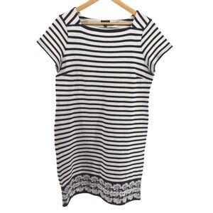 Talbots Navy White Striped Lace Hem Sheath Dress Sz Large Nautical Preppy Cruise
